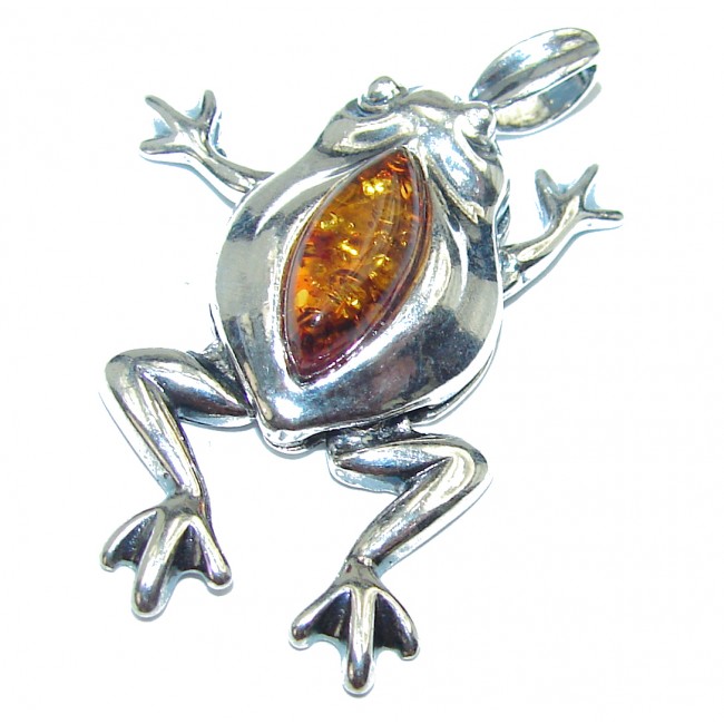 Huge Lucky Frog Butterscotch Baltic Polish Amber Sterling Silver Pendant