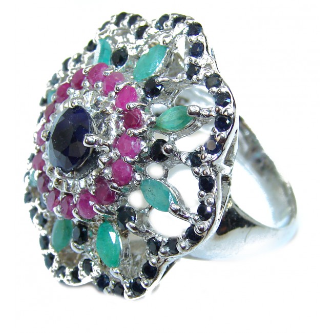 Victorian Style Sapphire Ruby Emerald .925 Sterling Silver ring; s. 8 1/4