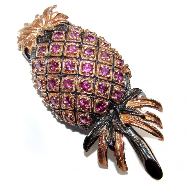 Precious Pineapple genuine Garnet black rhodium rose gold over .925 Sterling Silver handmade Pendant - Brooch