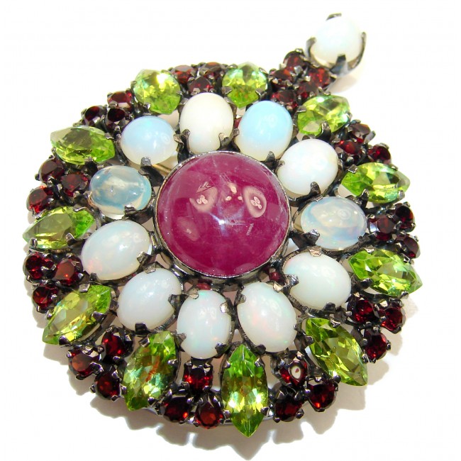 Precious Treasure Genuine Ruby Opal Sapphire .925 Sterling Silver handmade Pendant - Brooch