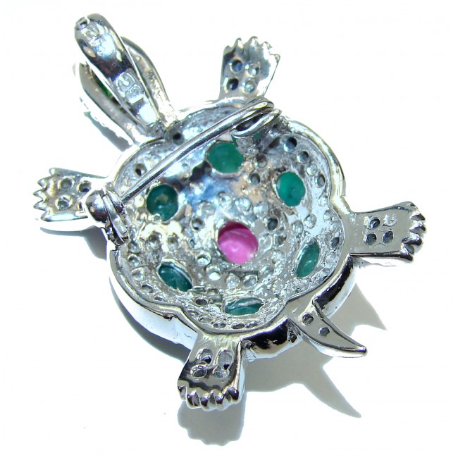 Happy Turtle genuine Ruby Emerald .925 Sterling Silver handcrafted Pendant brooch