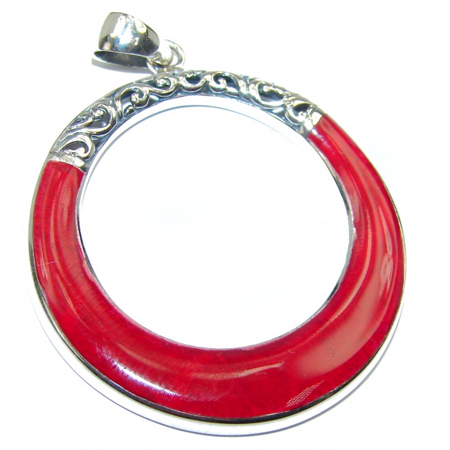 Modern Red Fossilized Coral hammered Sterling Silver pendant