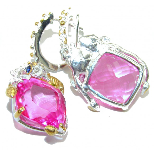 Two lucky frogs Pink Topaz 2 tones .925 Sterling Silver handcrafted earrings