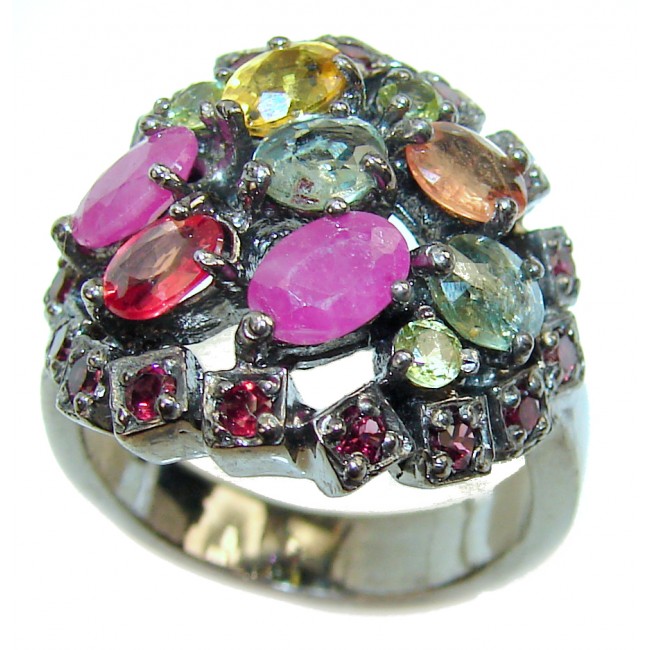 Victorian Style Ruby black rhodium over .925 Sterling Silver handcrafted ring; s. 8