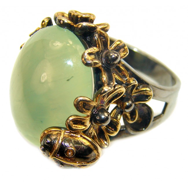 Ladybag Natural Prehnite 2 tones .925 Sterling Silver handmade HUGE ring s. 8 1/4