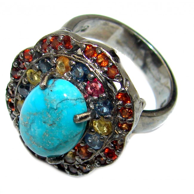 Authentic Turquoise Sapphire black rhodium over .925 Sterling Silver ring; s. 7 1/2
