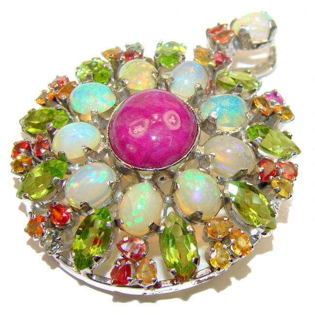 Precious Treasure Genuine Ruby Opal Sapphire .925 Sterling Silver handmade Pendant - Brooch