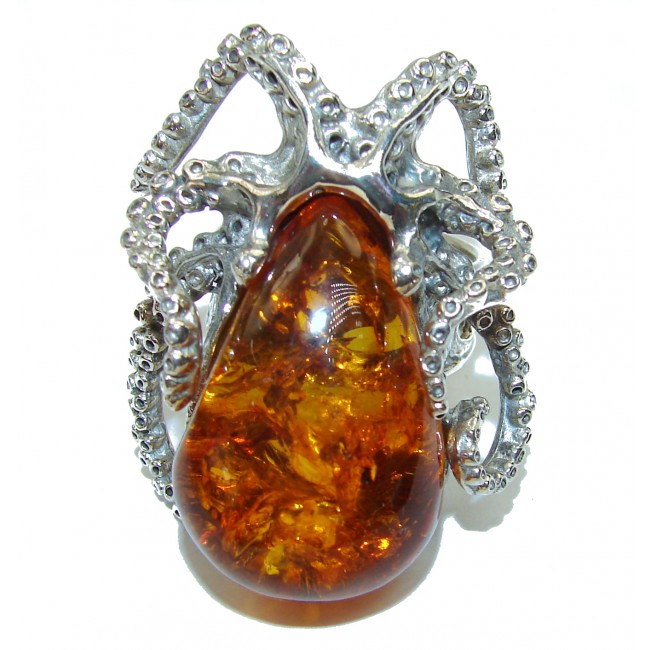 Huge Octopus Authentic rare Baltic Amber .925 Sterling Silver handcrafted ring; s. 8 adjustable