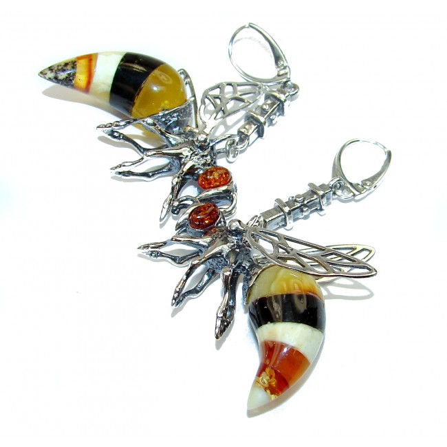 Wonderful Large Honey Bees Baltic Mosaic Amber .925 Sterling Silver entirely handcrafted earrings