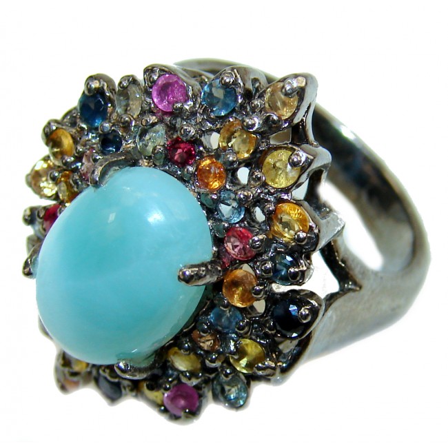 7.6 carat Larimar black rhodium over .925 Sterling Silver handcrafted Ring s. 9