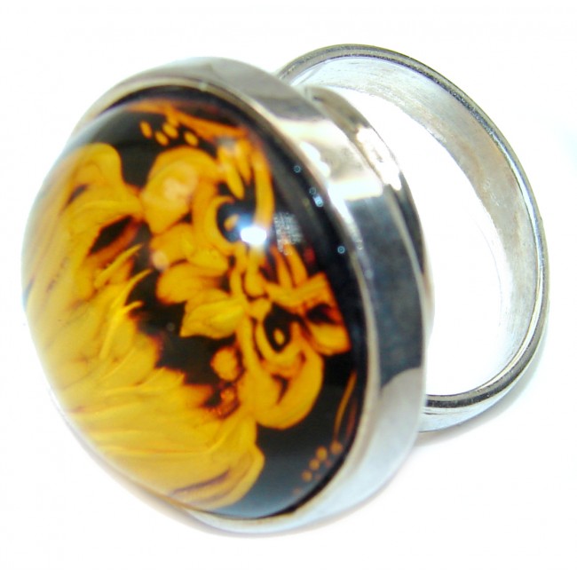Owl Authentic carved Baltic Amber .925 Sterling Silver handcrafted Large ring; s. 8 adjustable