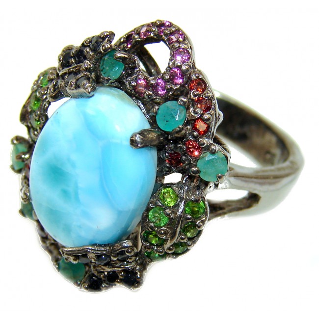 7.6 carat Larimar black rhodium over .925 Sterling Silver handcrafted Ring s. 8