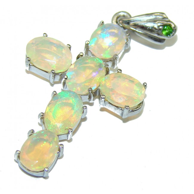 Natural Rainbow Luster Fire Opal .925 925 Sterling Silver Cross Pendant