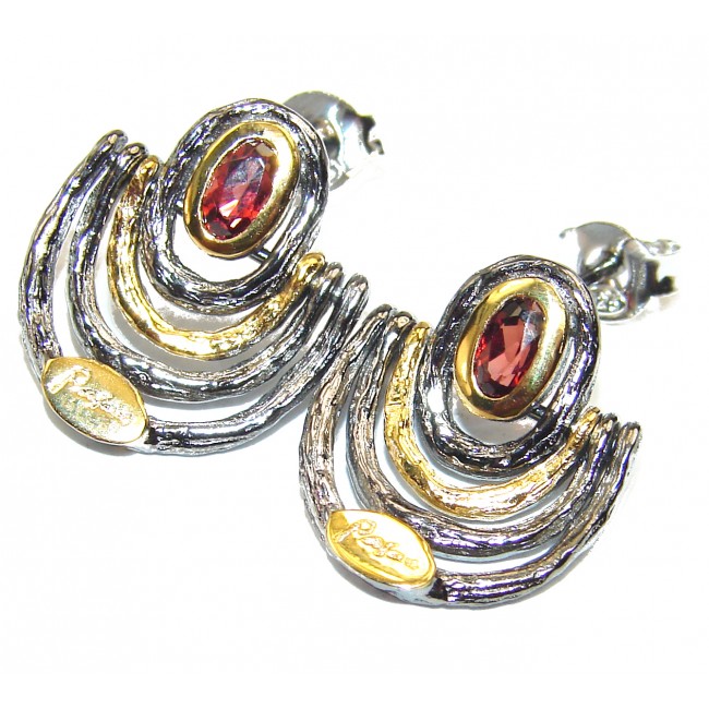 Authentic Garnet 2 tones .925 Sterling Silver handcrafted earrings