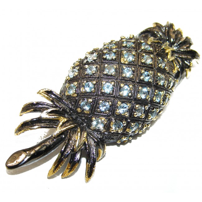Precious Pineapple genuine Swiss Blue Topaz black rhodium over .925 Sterling Silver handmade Pendant - Brooch