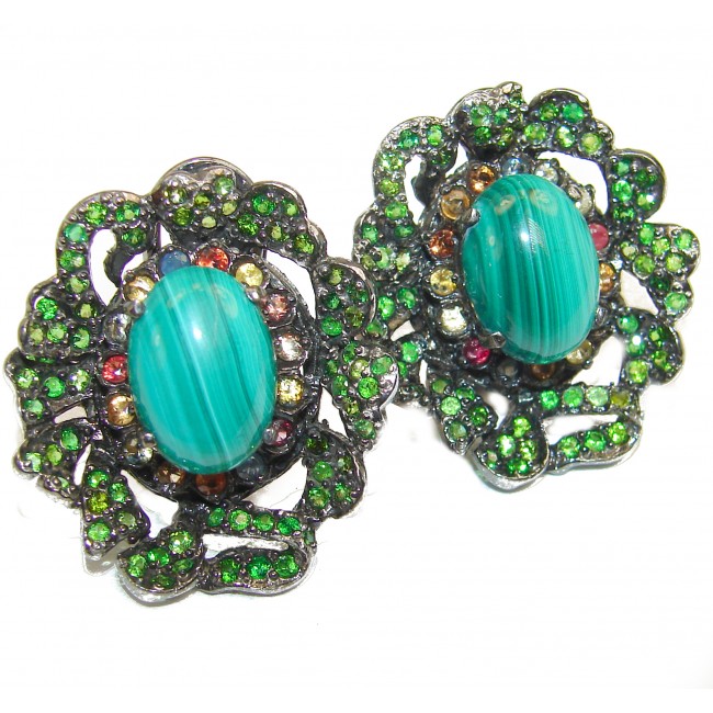 Fancy Green Malachite black rhodium over .925 Sterling Silver handmade earrings