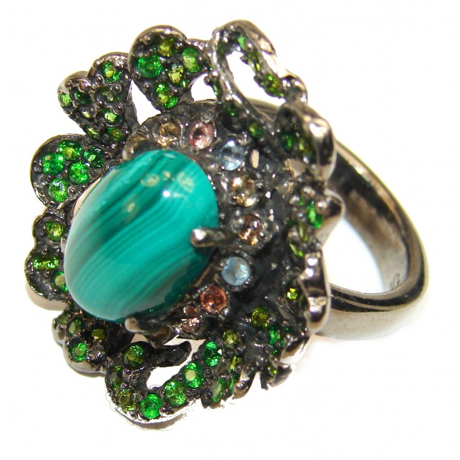 Green Beauty Malachite black rhodium over .925 Sterling Silver handcrafted ring size 8 1/2