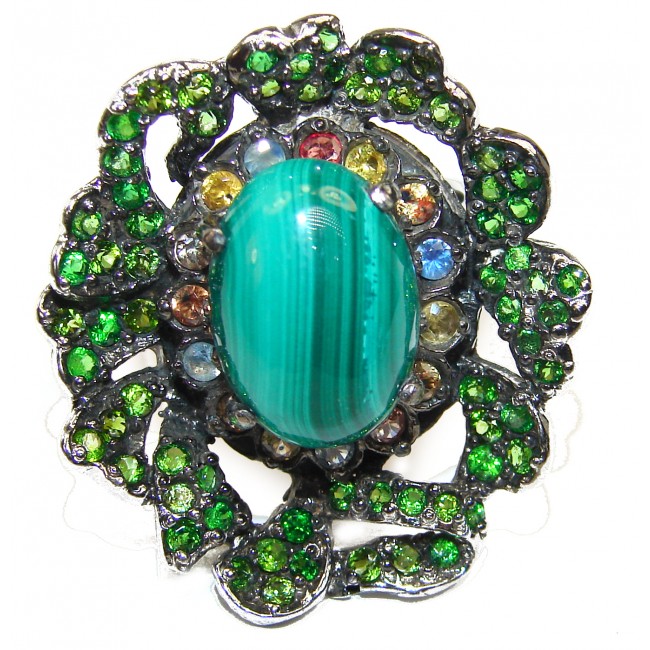 Green Beauty Malachite black rhodium over .925 Sterling Silver handcrafted ring size 8 1/2