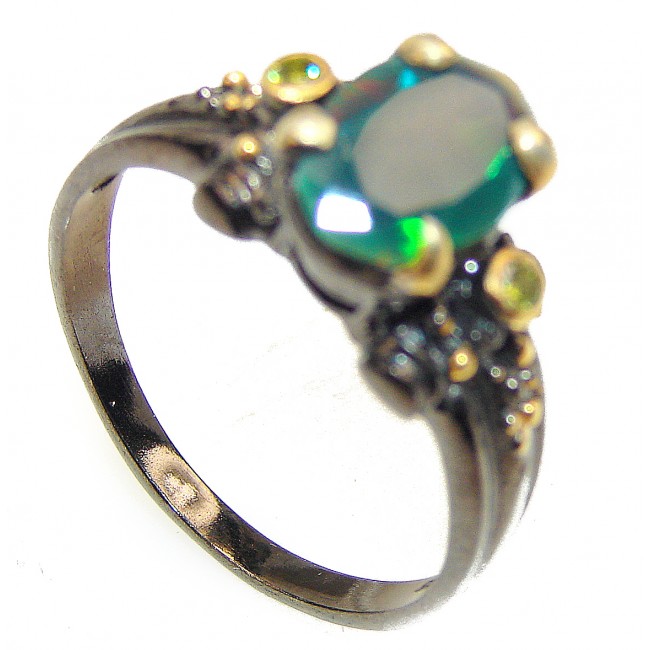 Vintage Design Genuine faceted Black Opal black rhodium over .925 Sterling Silver handmade Ring size 9