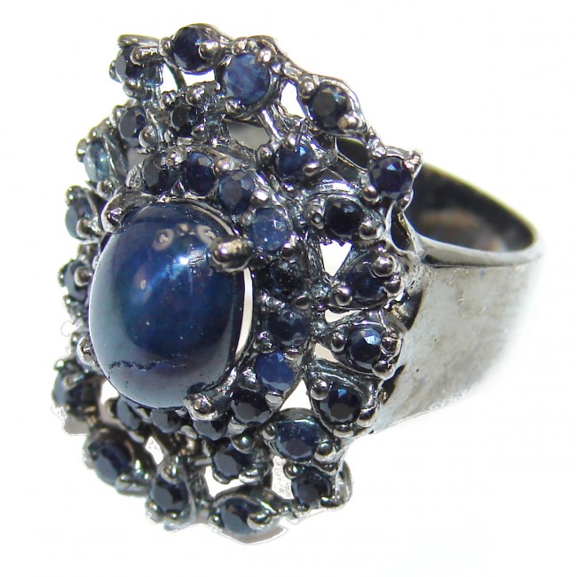 Incredible 20.85 carat authentic Sapphire black rhodium over .925 Sterling Silver handmade large Ring size 6