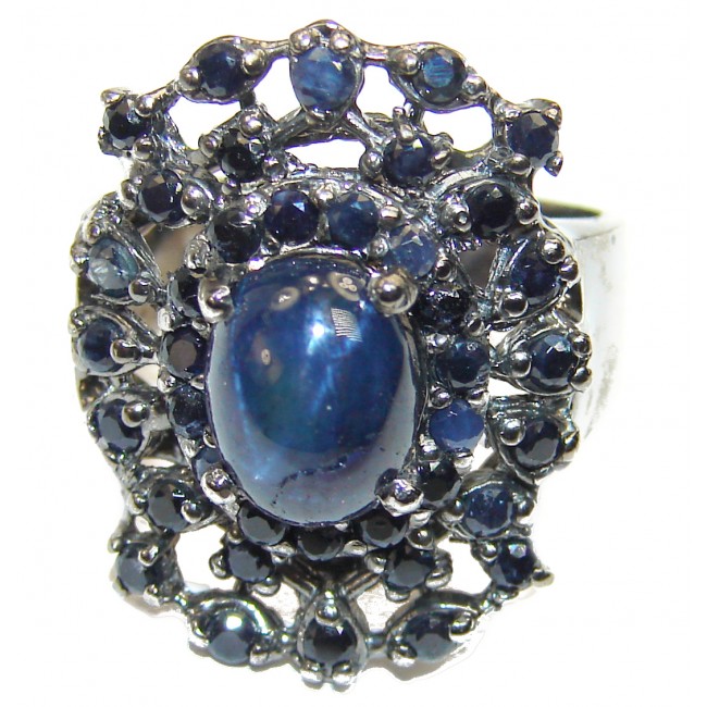 Incredible 20.85 carat authentic Sapphire black rhodium over .925 Sterling Silver handmade large Ring size 6
