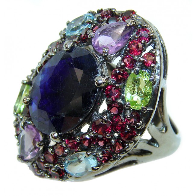 Incredible authentic Sapphire black rhodium over .925 Sterling Silver handmade large Ring size 8