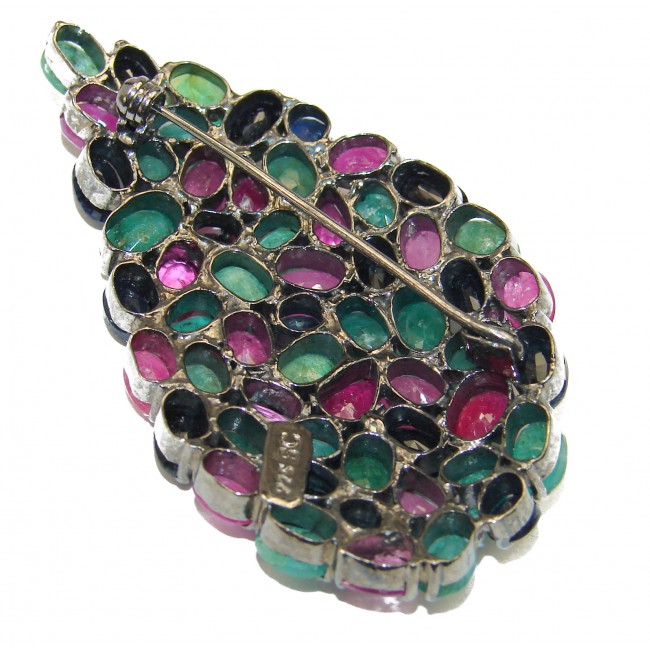 Genuine Ruby Emerald Sapphire .925 Sterling Silver handmade Pendant - Brooch