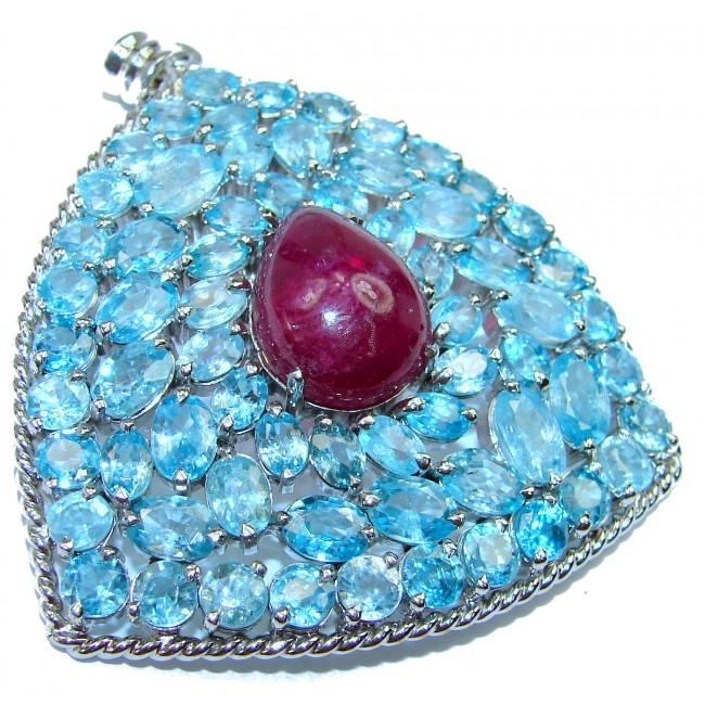 Precious Treasure Genuine Ruby Swiss Blue Topaz .925 Sterling Silver handmade Pendant - Brooch