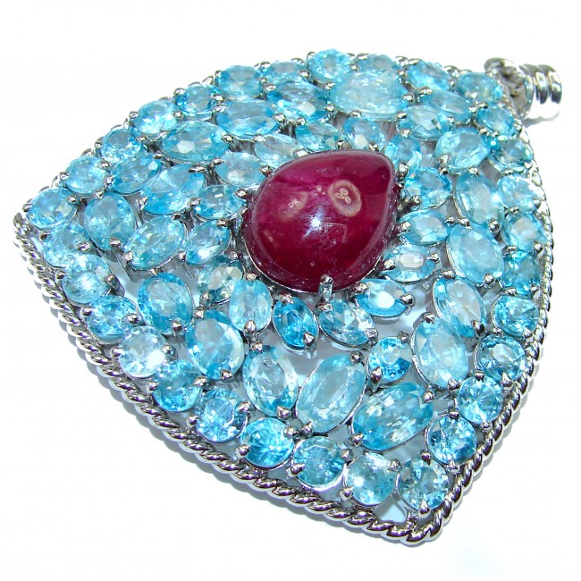 Precious Treasure Genuine Ruby Swiss Blue Topaz .925 Sterling Silver handmade Pendant - Brooch