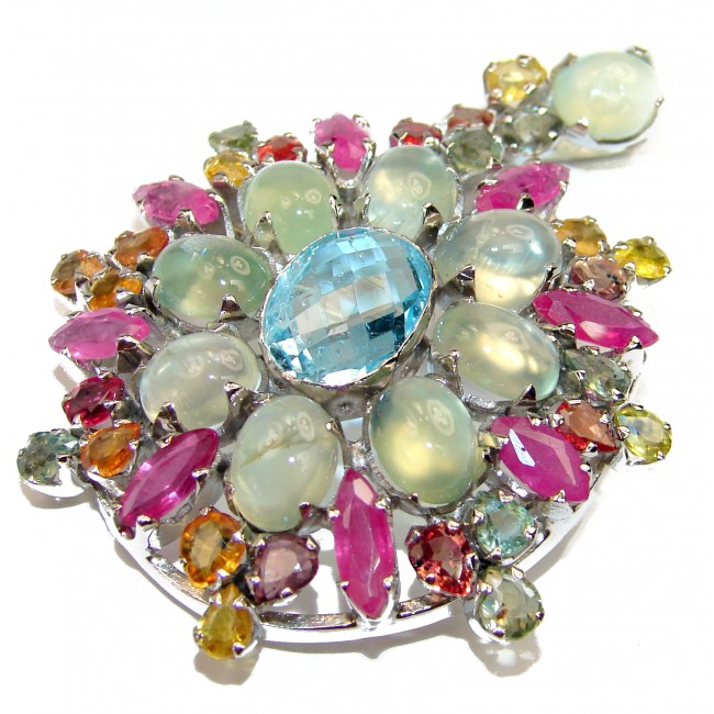 Incredible authentic Swiss Blue Topaz Tourmaline .925 Sterling Silver handmade pendant brooch