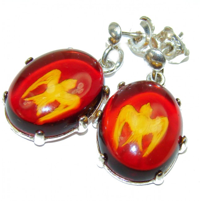 SwallowS Genuine carved Baltic Polish Amber Sterling Silver handmade Cameo Earrings