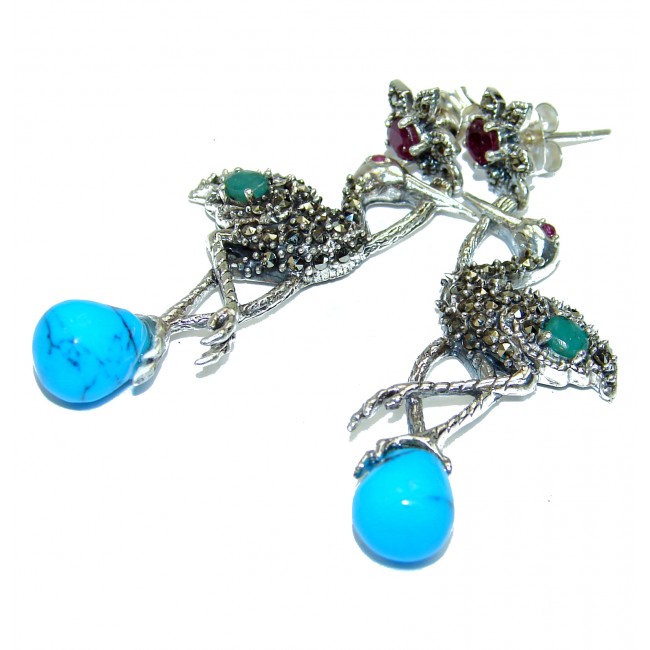 Magestic Herons Genuine Turquoise Ruby .925 Sterling Silver earrings