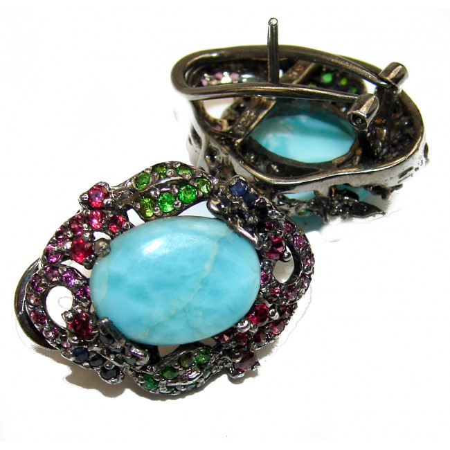 Precious Blue Larimar black rhodium over .925 Sterling Silver handmade earrings