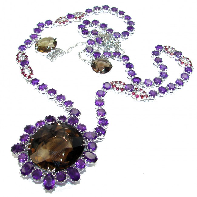 MAJESTIC Creation Amethyst Smoky Topaz .925 Sterling Silver handcrafted Statement necklace