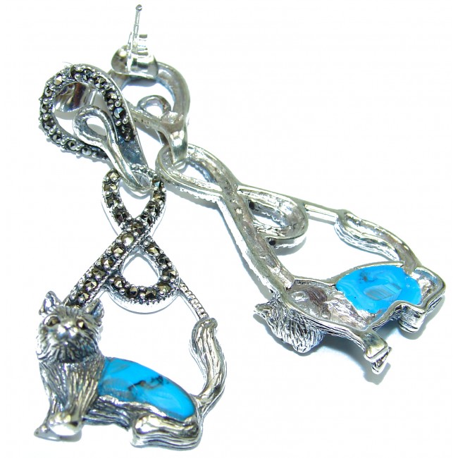 Spectacular Cats Blue Turquoise .925 Sterling Silver handcrafted Earrings