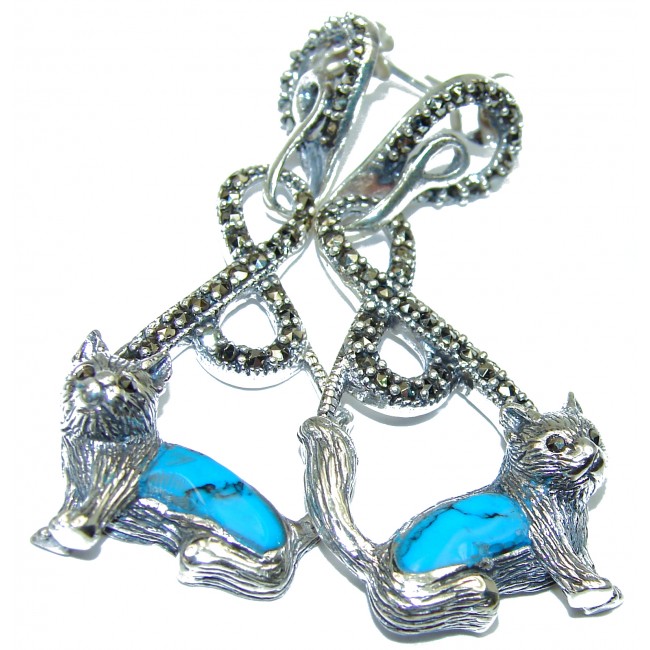 Spectacular Cats Blue Turquoise .925 Sterling Silver handcrafted Earrings