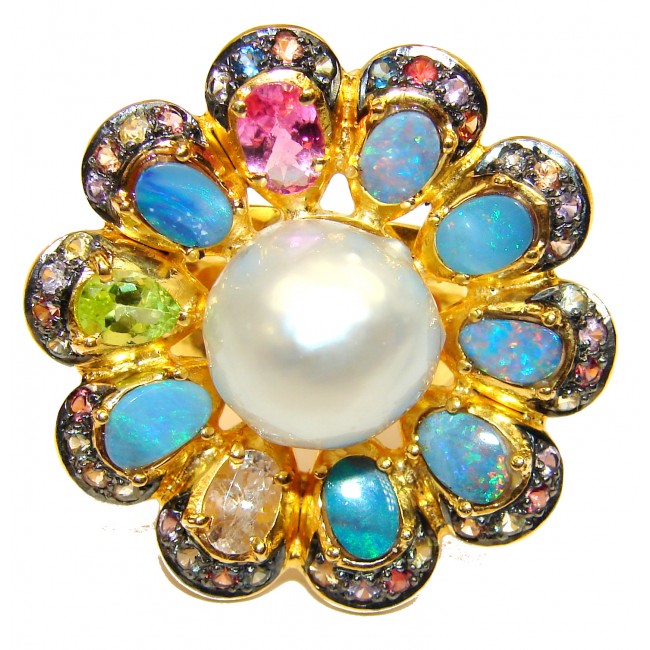 Natural Pearl Australian Opal 14K Gold over .925 Sterling Silver handcrafted Ring s. 7