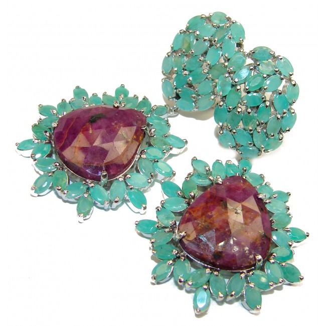 Exclusive Kashmir Ruby Emerald .925 Sterling Silver handcrafted Large Earrings