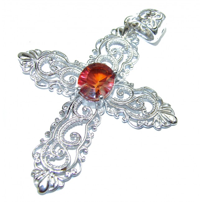 Holy Cross genuine Red Topaz .925 Sterling Silver handmade pendant