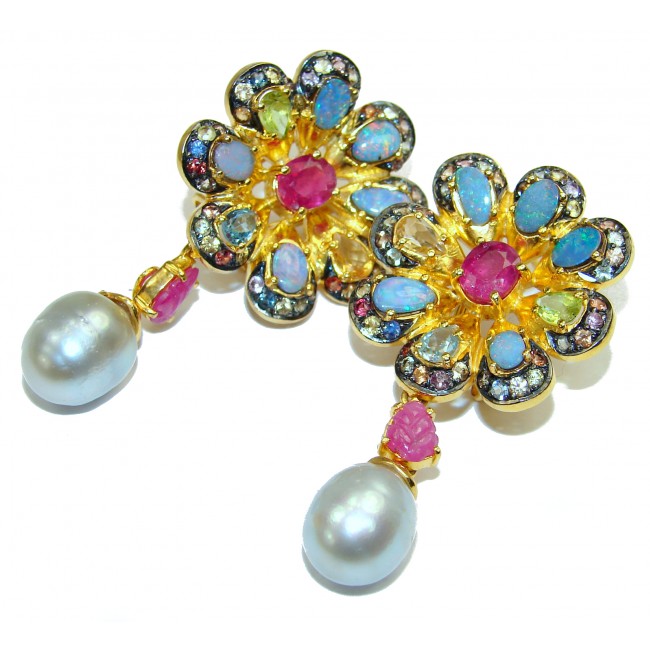 Exclusive Kashmir Ruby Australian Opal 18K Gold over .925 Sterling Silver handcrafted Large Earrings