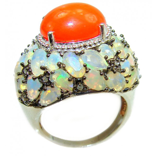Royal quality Mexican Opal 18K White Gold over .925 Sterling Silver handcrafted Ring size 7 1/4