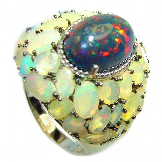 Pure Energy Genuine Black Opal 14K White Gold over .925 Sterling Silver handmade Ring size 9