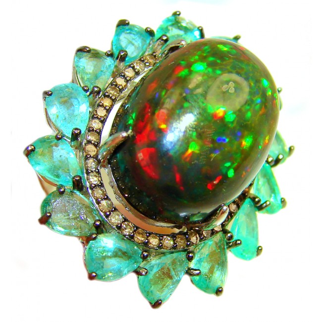 A COSMIC POWER Genuine 18.95 carat Black Opal Emerald 14K White Gold over .925 Sterling Silver handmade Ring size 7 1/4