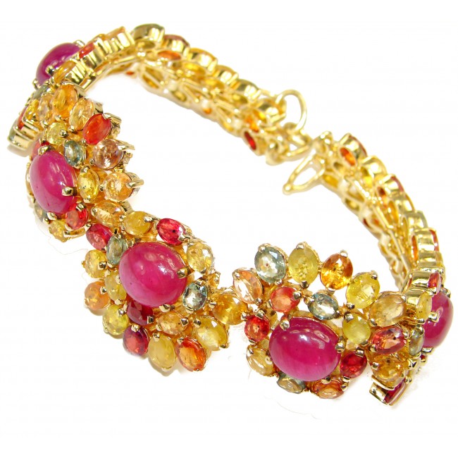 Luxurious Style Authentic Ruby 14K Gold over .925 Sterling Silver handmade Large Bracelet