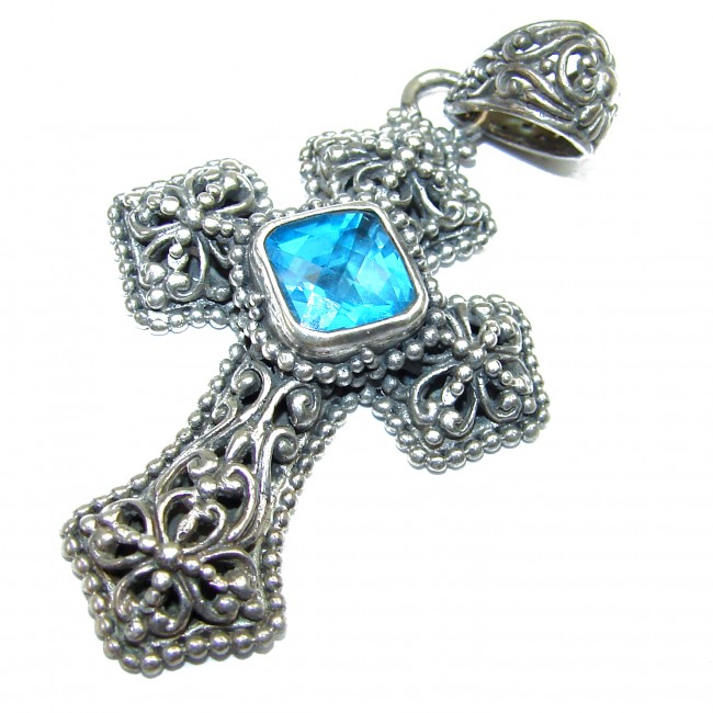 Victorian Style Holy Cross genuine Swiss Blue Topaz .925 Sterling Silver handmade pendant