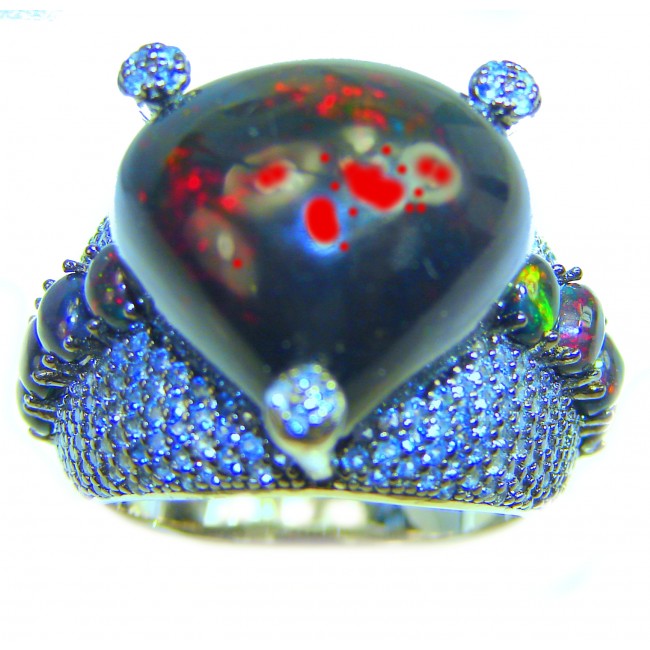 A COSMIC POWER Genuine 10.9 carat Black Opal Sapphire 14K White Gold over .925 Sterling Silver handmade Ring size 7 3/4