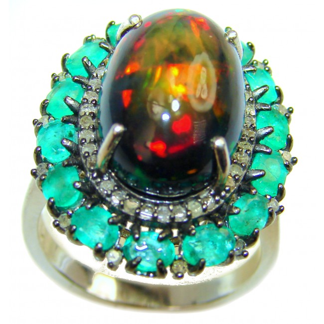 Milky way Genuine 18.95 carat Black Opal Emerald 14K White Gold over .925 Sterling Silver handmade Ring size 8 1/4