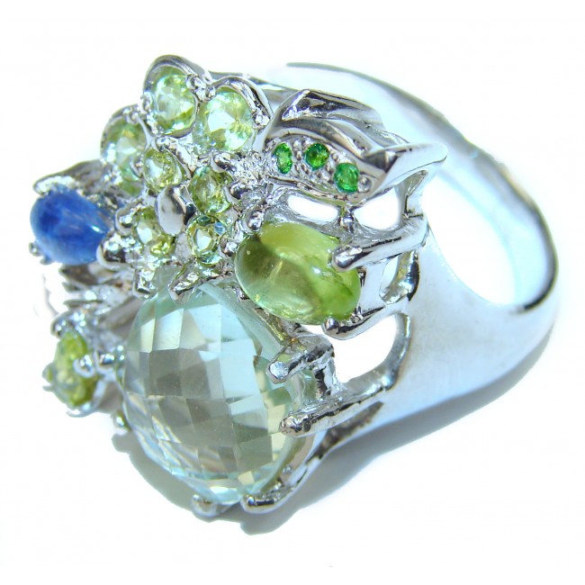 Incredible Green Amethyst Garnet 14K white Gold over .925 Sterling Silver ring size 9 1/4