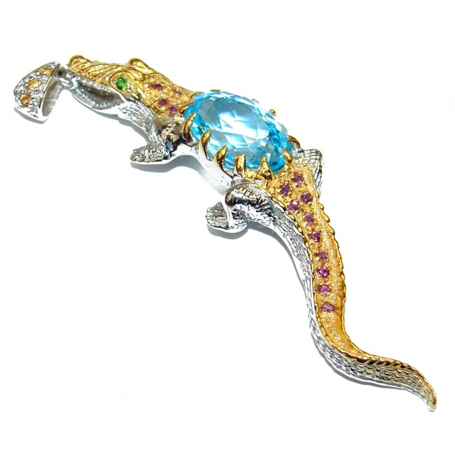 Golden Alligator genuine Swiss Blue Topaz .925 Sterling Silver handmade pendant