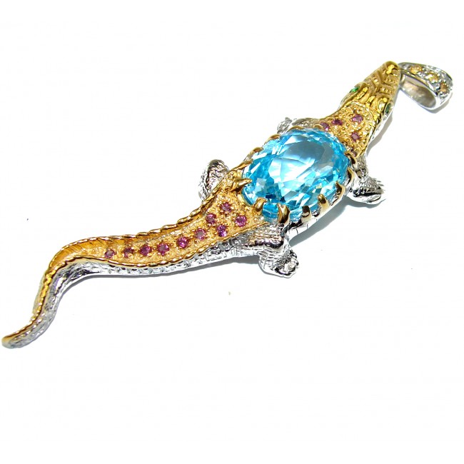 Golden Alligator genuine Swiss Blue Topaz .925 Sterling Silver handmade pendant